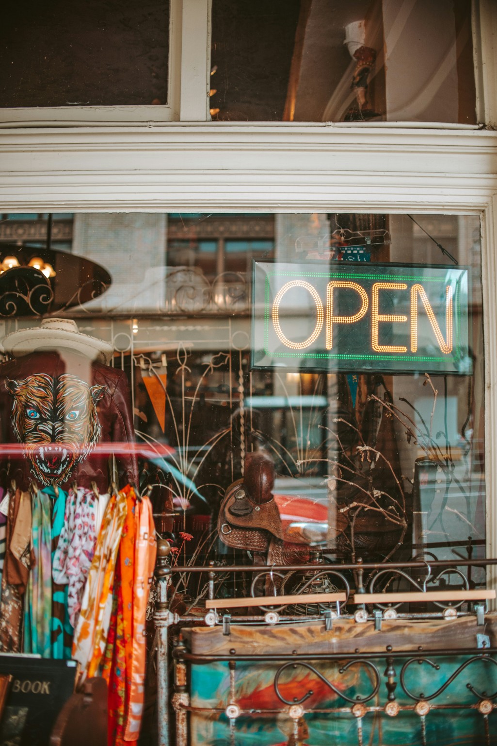 Independent shop window with an illuminated open sign